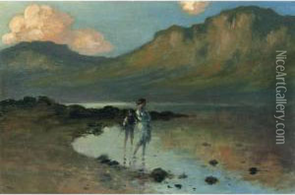 Two Children By The Shore Oil Painting - George William, A.E. Russell