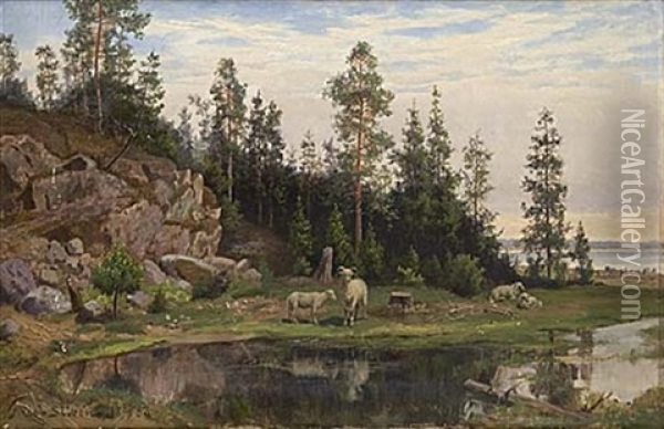 Sommarlandskap Med Betande Far Oil Painting - Jacob Silven