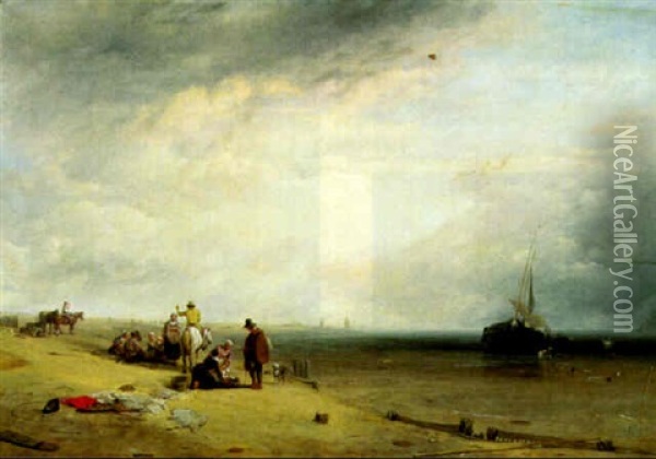 Figures And Standed Vessels On A Beach At Low Tide Oil Painting - Augustus Wall (Sir.) Callcott