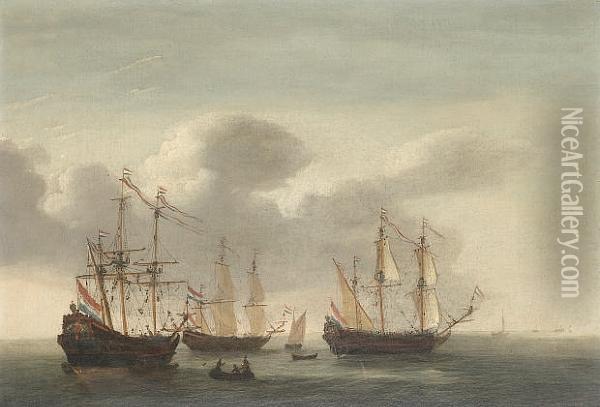 Three Dutch Frigates In A Calm Oil Painting - Regnier Remigius Zeeman /