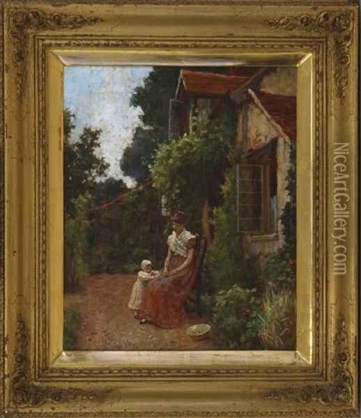 Young Woman With A Child In A Flower Garden Oil Painting - Charles Haigh Wood