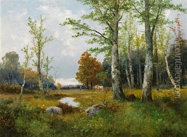 Waldlandschaft Mit Pferdefuhrwerk Oil Painting - Adolf Kaufmann