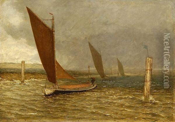 Boats On Breydon Water Oil Painting - Thomas F. Goodall