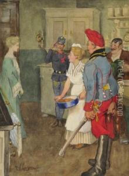 Die Gnadige Frau Sieht Das Dienstmadchen Mit Drei Verehrern Oil Painting - Viktor Schramm