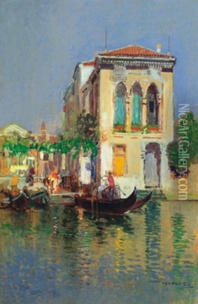Velencei Gondolasok - Gondoliers In Venice Oil Painting - Cesar Herrer