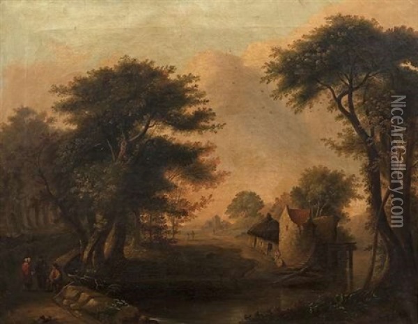 Figures By A Mill Stream In A Wooded Landscape Oil Painting - Thomas Barker