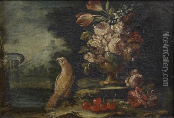 Nature Morte Aux Bouquet De Fleurs Et Oiseau Devant Unefontaine Oil Painting - Giuseppe Lavagna