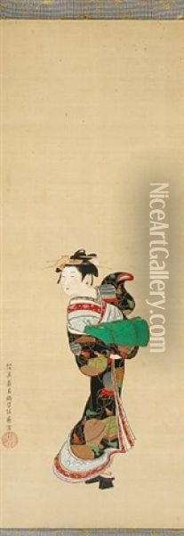 A Woman Of The Genroku Period Oil Painting - Settei Tsukioka