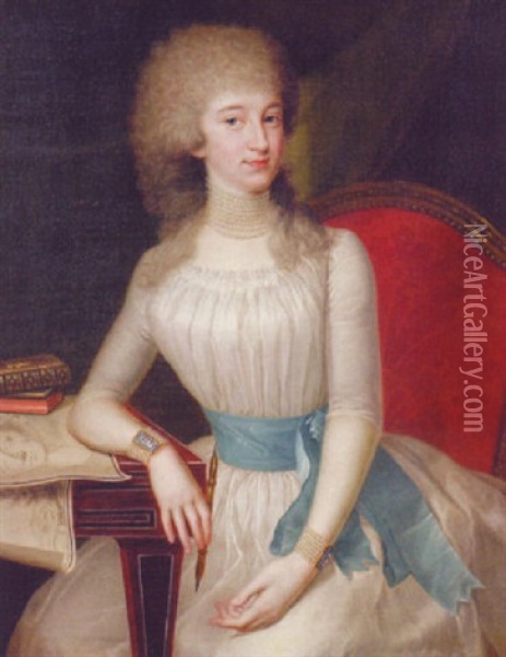 Portrait Of A Lady In A White Dress With A Blue Sash, Holding A Pencil, Her Right Arm Resting On A Table Oil Painting - Johann Heinrich Tischbein the Younger