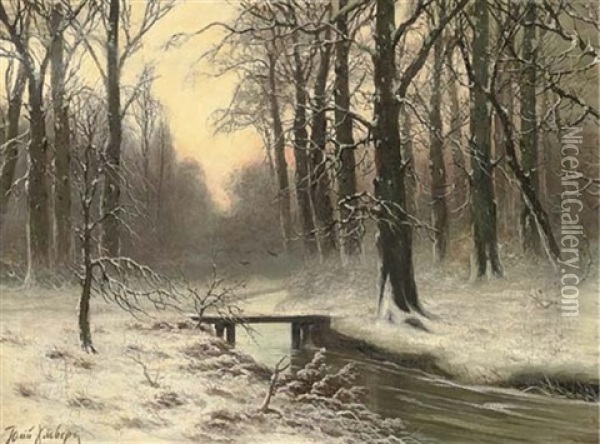 A Winter Woodland Bridge At Dusk Oil Painting - Yuliy Yulevich (Julius) Klever