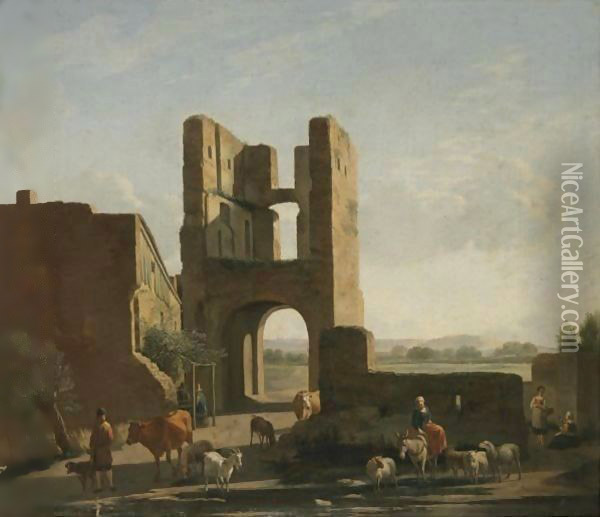 Italianate Landscape With Herdsmen And Women With Sheep, Goats And Cows Grazing Beneath A Ruined Gate Tower Oil Painting - Gerrit Adriaensz Berckheyde
