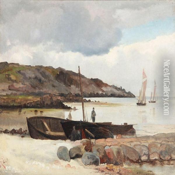 Coastal Scene With Sailing Boats And Fishermen Oil Painting - Holger Drachmann