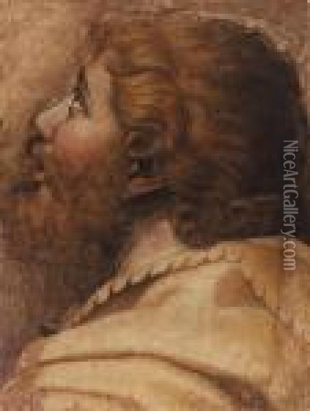 Head Of A Man Looking Up To The Left: A Cartoon For Atapestry Oil Painting - Raphael (Raffaello Sanzio of Urbino)