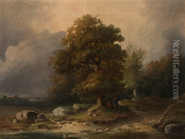 Landscape With Old Oak And Figures Oil Painting - Johann Wilhelm Schirmer