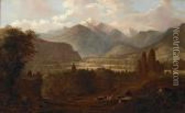 A Valley Landscape With Cattle And Snow-capped Mountains Beyond Oil Painting - Edwin, Edward Deakin