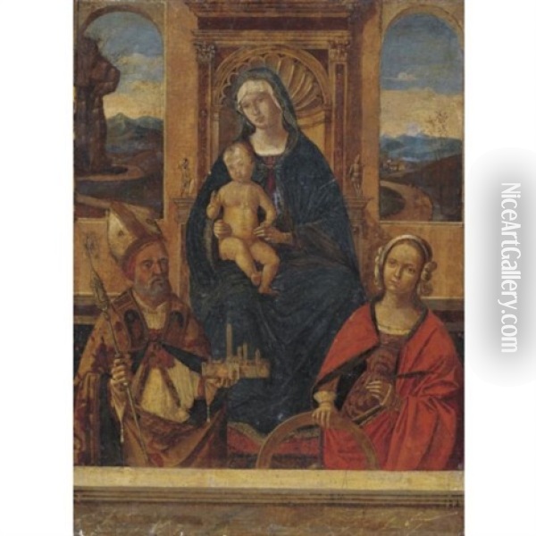 Madonna And Child Enthroned With Saints Petronius (?) And Catherine Of Alexandria Oil Painting - Bernardino di Bosio Zaganelli