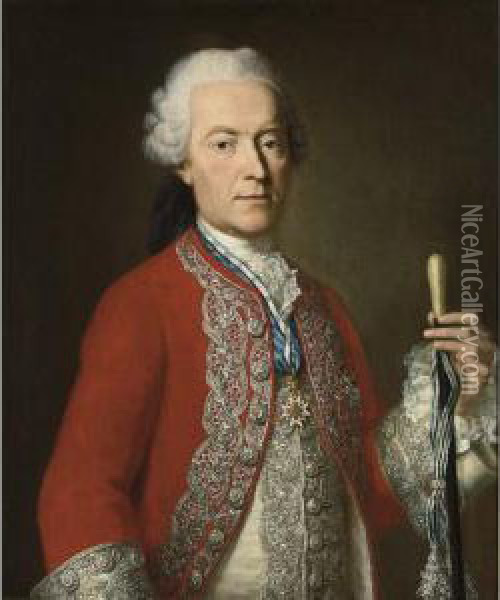 A Portrait Of Andreas Graf Von 
Capris (1717-1776), Standing Half-length, Wearing An Elaborate Red Coat 
And The Bavarian Order Of St. George Oil Painting - Georg Desmares