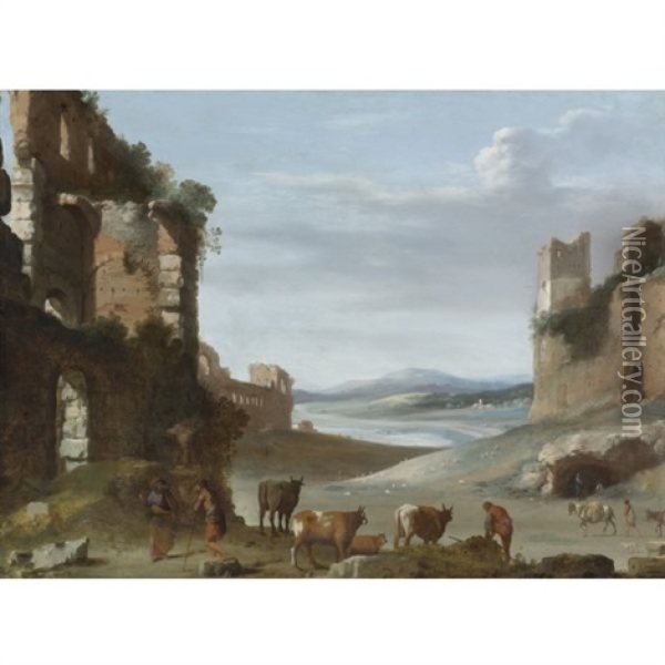 Roman Landscape With Ruins Oil Painting - Cornelis Van Poelenburgh