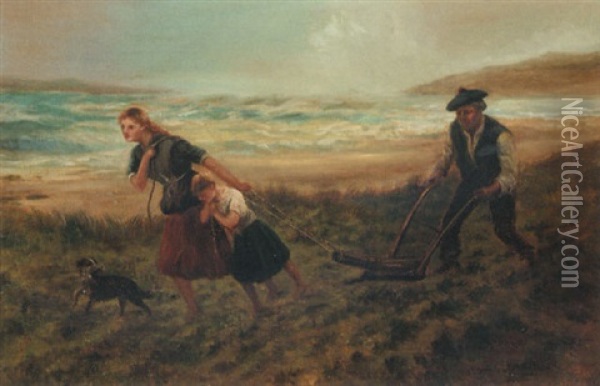 Ploughing At The Shore Oil Painting - Hamilton Macallum