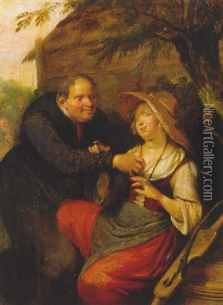 Touch: A Peasant Courting A Milk Maid In A Farmyard By A Haystack Oil Painting - Richard Brakenburg