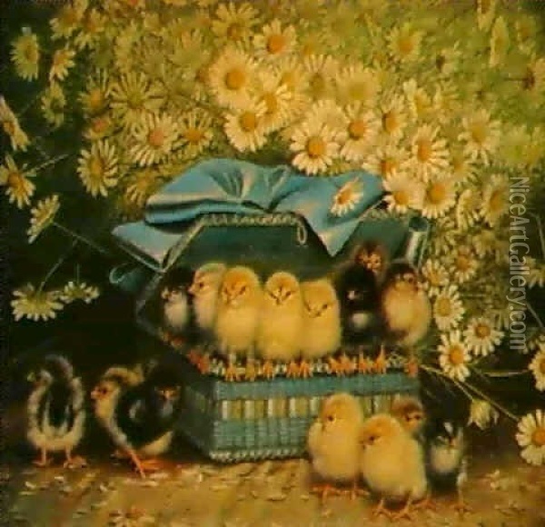 Chicks In A Blue Basket Oil Painting - Ben Austrian