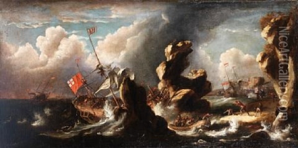 A Rocky Coastline With A Ship Running Aground In A Storm Oil Painting - Jan Peeters the Elder