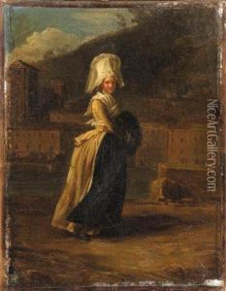 'la Coquette': A Lady Walking By
 A River, A Town Beyond; And 'latravailleuse': A Maid Sewing By A Hearth
Oil On Canvas Oil Painting - Henri Pierre Danloux