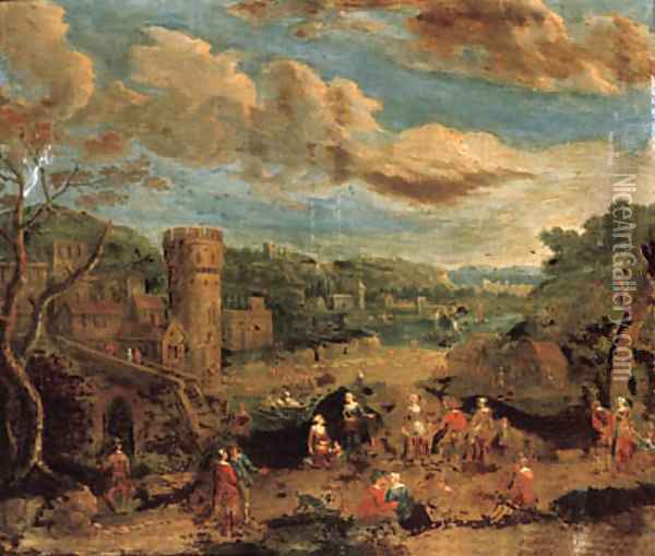 A river landscape with villagers on a track by a ferry; and A river landscape with peasants dancing before a town Oil Painting - Peeter Bout