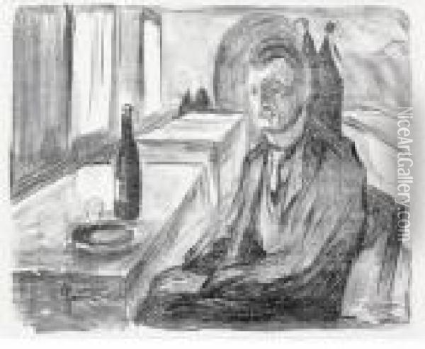 Self Portrait With A Bottle Of Wine 1930 Oil Painting - Edvard Munch