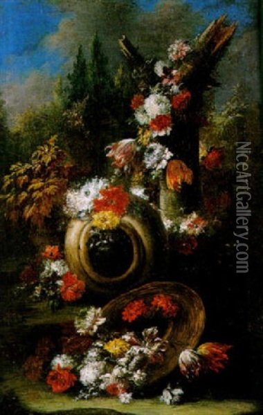 Nature Morte Au Vase Et Panier De Fleurs Dans Un Parc Oil Painting - Gasparo Lopez