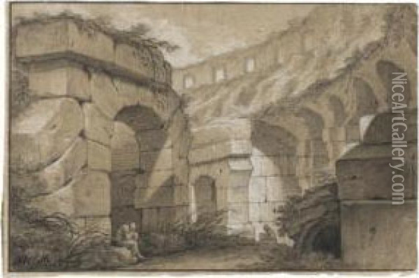 Interior Of The Colosseum, With Seated Figures Oil Painting - Charles Michel-Ange Challe