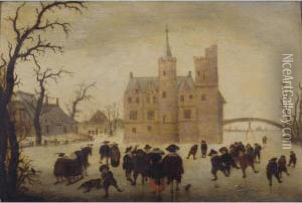 A Winter Landscape With Figures Skating Before A Manor Oil Painting - Verstraelen Anthonie