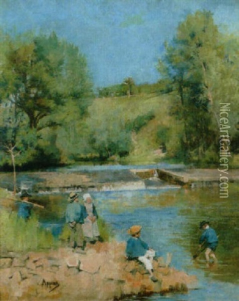 Spielende Bauernkinder Am Flussufer Oil Painting - Adolphe Appian