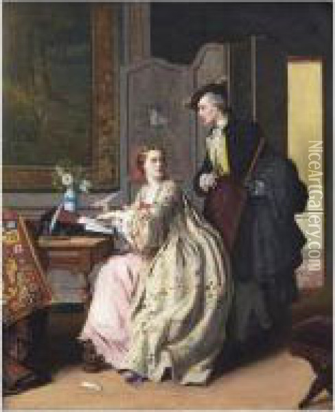 [jean Carolus - Interior Scene: The Indiscreet Man - Oil On Canvas - Signed Lower Right] Oil Painting - Jean Carolus