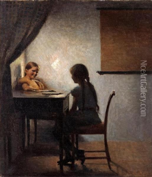 Interior With Two Girls Oil Painting - Peder Vilhelm Ilsted