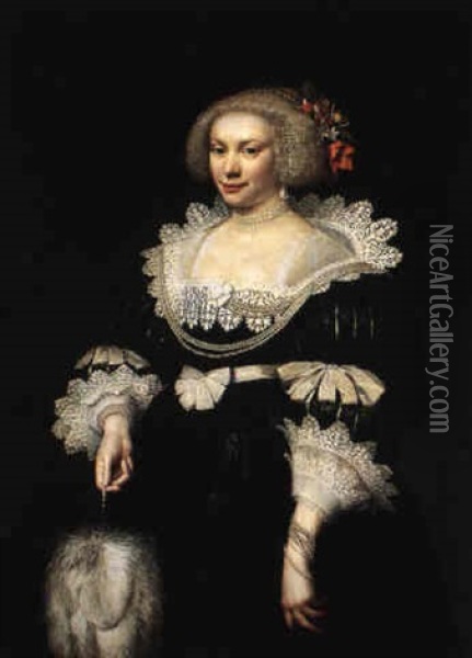 Portrait Of An Elegant Lady Holding A Fan Oil Painting - Jan Anthonisz Van Ravesteyn