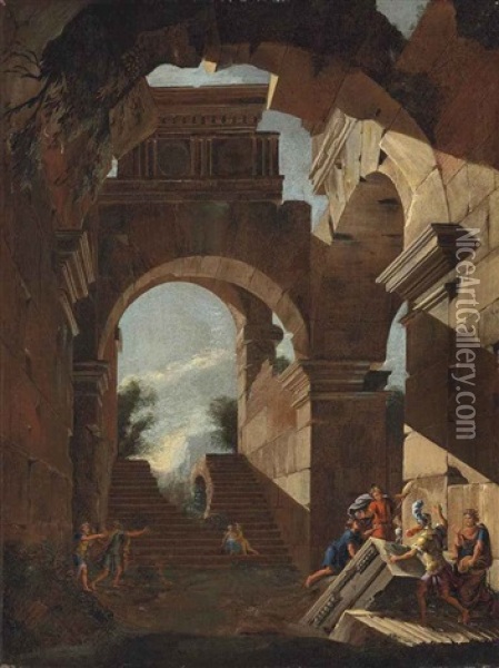 An Architectural Capriccio With Figures Amongst Ruins Oil Painting - Viviano Codazzi
