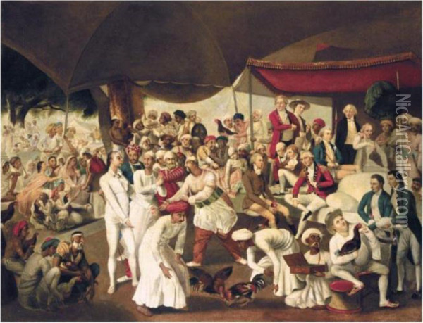 Colonel Mordaunt's Cockfight At Lucknow Oil Painting - Johann Zoffany