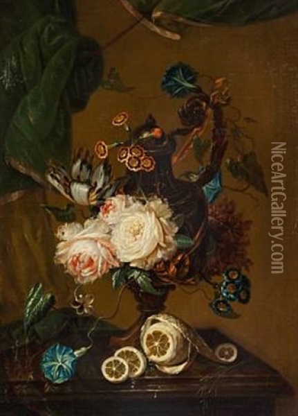 Nature Morte With Flowers And Lemons On A Table Oil Painting - Johann Martin Metz