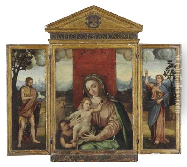 The Virgin And Child With The Young Saint John The Baptist (triptych) Oil Painting - Luis de Morales