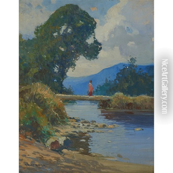 Woman Crossing A Bridge Oil Painting - George Ames Aldrich