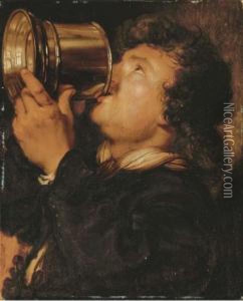 An Allegory Of Taste: A Young Man Drinking From A Silvertankard Oil Painting - Karel van III Mander