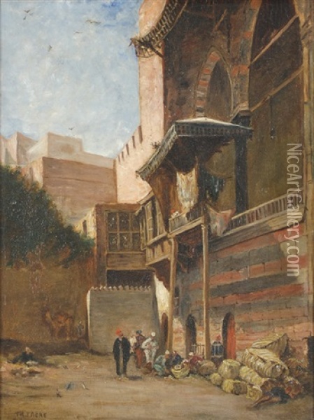 An Early Morning Courtyard With Merchants To One Side And A Woman Washing Clothes On The Other Oil Painting - Charles Theodore (Frere Bey) Frere