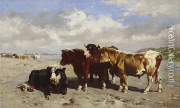 Cattle On The Shore Oil Painting - Johannes Hubertus Leonardus de Haas