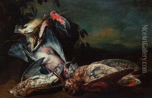 Dead Songbirds, A Jay And A Snipe On A Bank Oil Painting - Jan Fyt