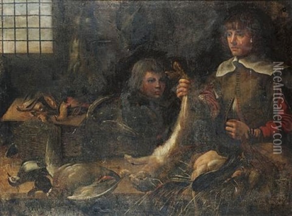 Two Boys In A Kitchen With A Dead Hare, Lapwing And Mallard On A Table Before Them, Dead Hares And Songbirds Hanging On The Wall And Dead Finches On A Table Beneath A Window Behind Oil Painting - Samuel Hofmann