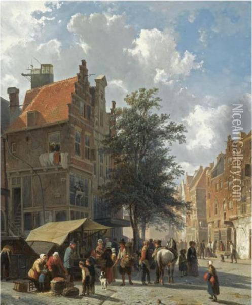 Market Scene In The Sunlit Streets Of A Dutch Town Oil Painting - Cornelis Springer