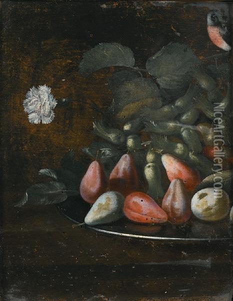 A Finch With Pears And Hazelnuts On A Pewterdish On A Table Top Oil Painting - Bartolomeo Ligozzi