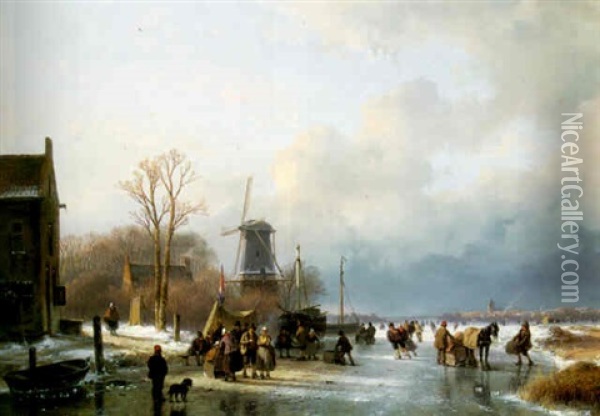 Skaters On A Frozen Lake Oil Painting - Andreas Schelfhout