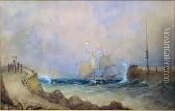 Frigate In Rough Seas Off Jetty Oil Painting - John R. Prentice
